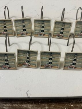 Lighthouse Tile Shower Curtain Hooks - White and Black